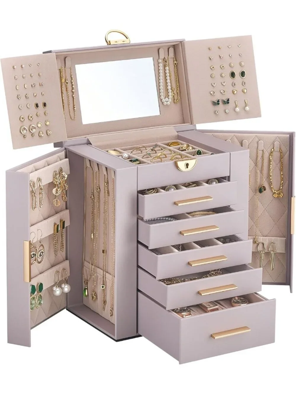 Large 6-Layer Jewelry Organizer Box with 5 Drawers - Stylish Purple Storage